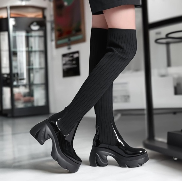 Thigh High Boots Round Toe Mid Chunky Heel Stretch Over the Knee Boots - Picture 3 of 6